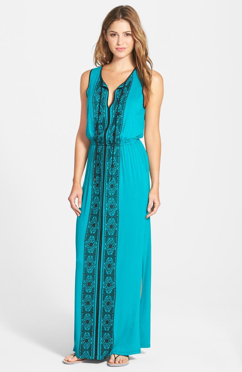 Adrianna Papell Embroidered Split Neck Jersey Maxi Dress | Nordstrom
