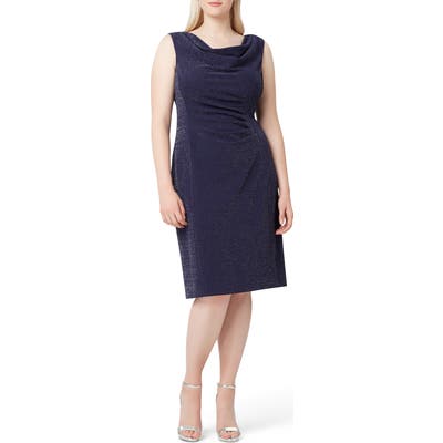 Plus Size Tahari Sleeveless Metallic Crepe Sheath Dress, Blue