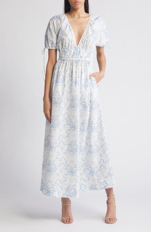 LoveShackFancy Mastey Ribbon & Floral Print Cotton Dress in Blissful Blue at Nordstrom, Size Xx-Small