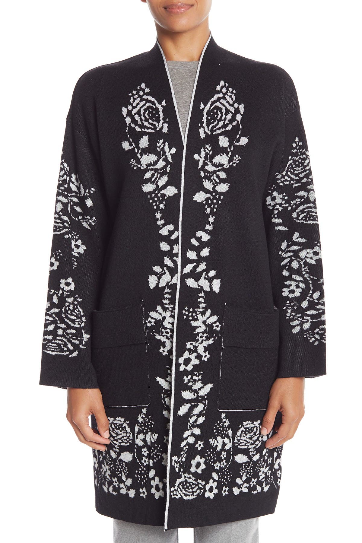 vertigo open front allover print cardigan