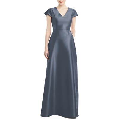 Alfred Sung V-Neck Satin Cap Sleeve Gown, Blue