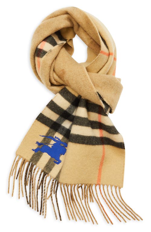 Burberry Equestrian Knight Design Check Reversible Fringe Cashmere Scarf In Sand