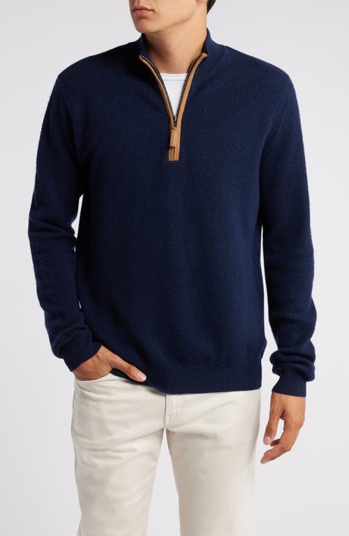 Lorenzo Uomo Merino Wool & Cashmere Bird's Eye Quarter Zip Sweater in Navy 