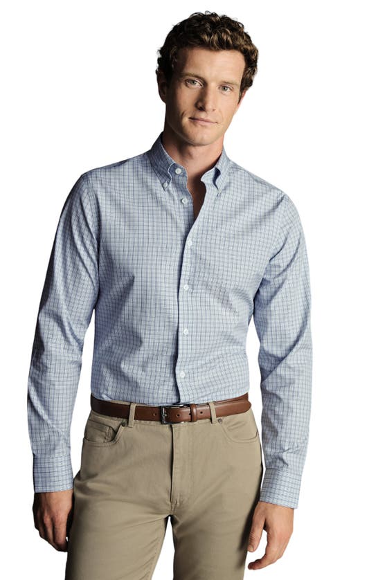 Shop Charles Tyrwhitt Check Non-iron Button-down Oxford Slim Fit Shirt Single Cuff In Mid Blue