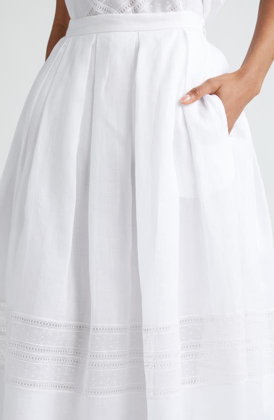 Shop Max Mara Lace Inset Pleated Ramie Midi Skirt In Optical White