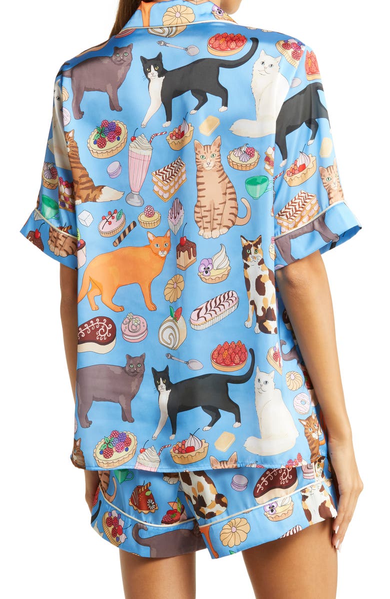 KAREN MABON Cat Cafe Short Pajamas, Main, color, BLUE/ PINK