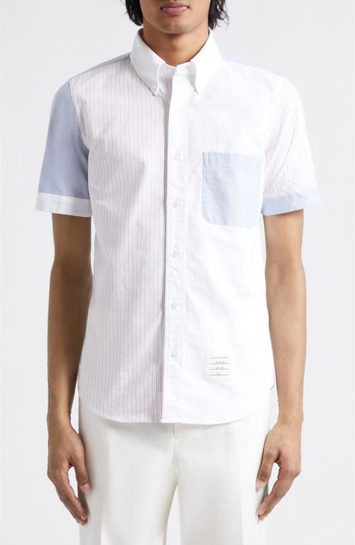 Thom Browne Fun-Mix Short Sleeve Cotton Oxford Button-Down Shirt Orange at Nordstrom,