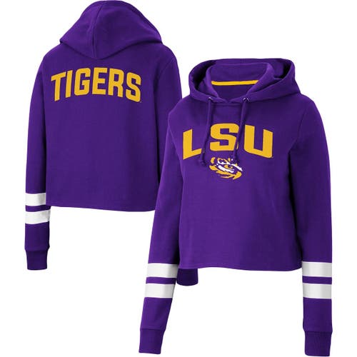 Women's Colosseum Purple LSU Tigers Throwback Stripe Cropped Pullover Hoodie