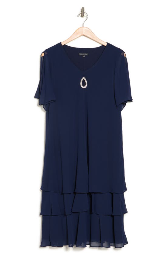 Shop Marina Crystal Teardrop Tiered Chiffon Sheath Cocktail Dress In Navy