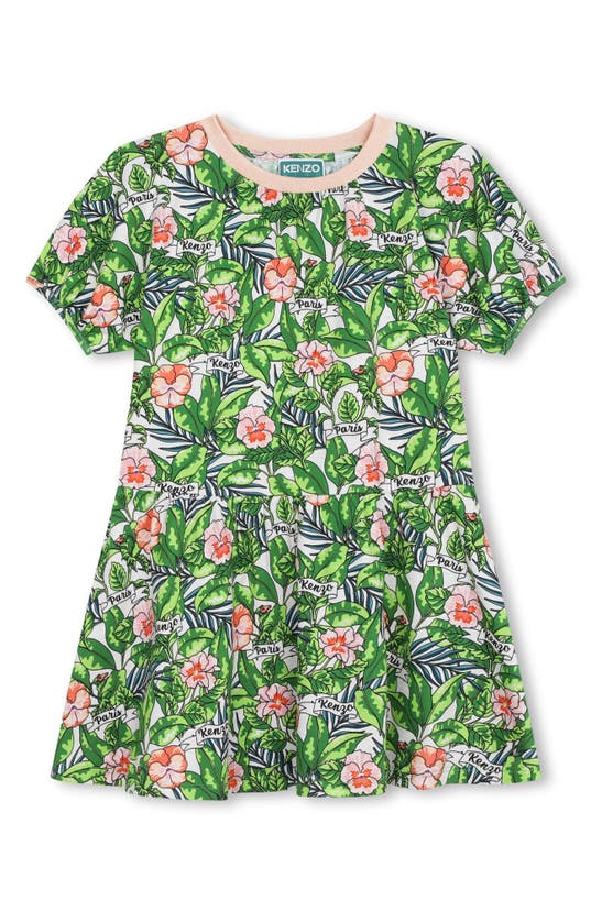 Shop Kenzo Kids' Foliage Print Cotton T-shirt Dress In Mint Green
