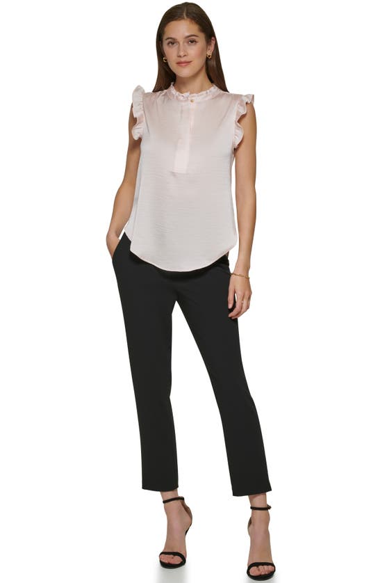 Dkny Petite Printed Ruffle-trimmed Sleeveless V-neck Blouse In Champagne