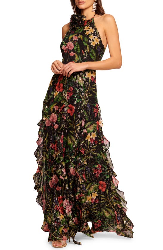 Shop Ramy Brook Idella Metallic Floral Halter Neck Gown In Black Multi