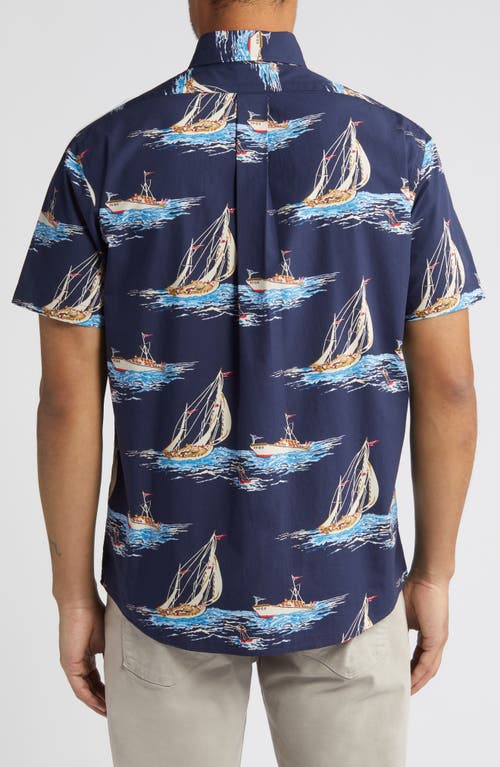 Shop Brooks Brothers Regular Fit Sailboat Print Short Sleeve Button-up Shirt In Navy