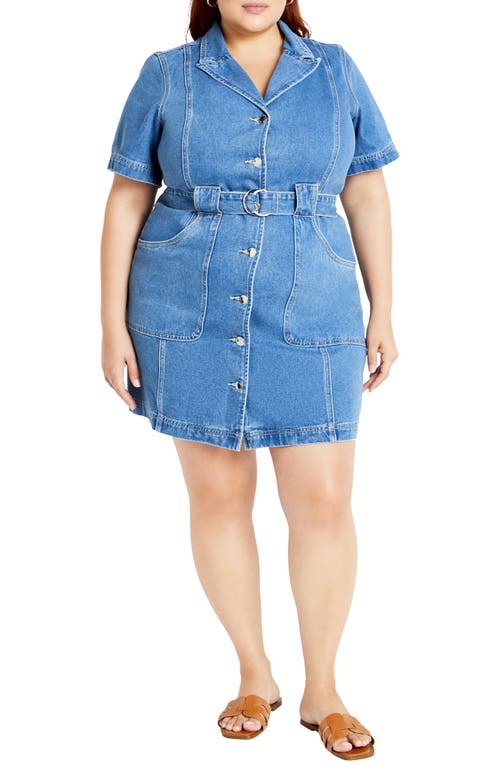 Shop City Chic Melina Belted Denim Minidress In Mid Wash