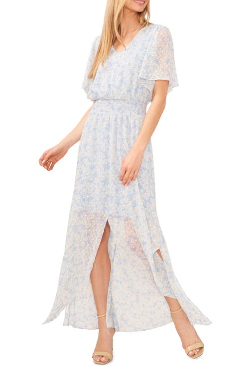 CeCe Clip Dot Flutter Sleeve Smocked Waist Dress in Blue Air at Nordstrom, Size Medium