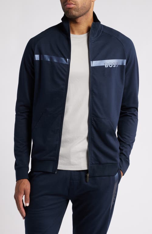 Shop Hugo Boss Boss Authentic Chest Stripe Cotton Zip Jacket In Dark Blue