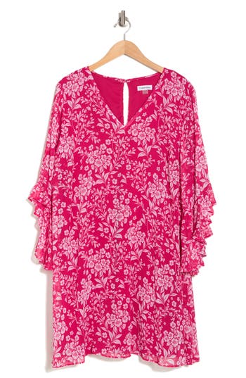 Shop Calvin Klein Floral Flutter Sleeve Shift Dress In Hibiscus/wht