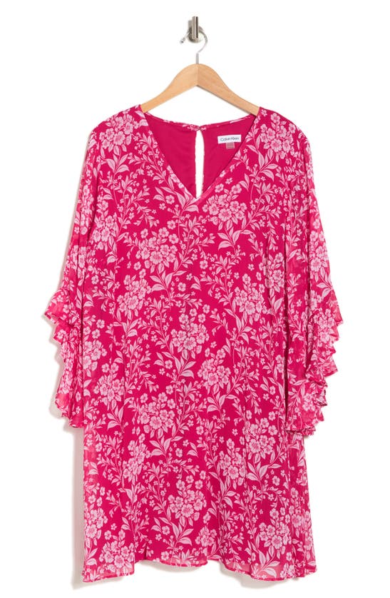 Shop Calvin Klein Floral Flutter Sleeve Shift Dress In Hibiscus/ Wht