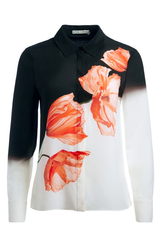 Shop Alice And Olivia Brady Floral Slim Fit Silk Button-up Shirt In Dream Life Black