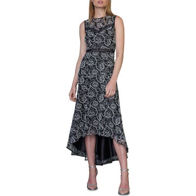 Ml Monique Lhuillier Lace Sleeveless High/low Midi Dress, Black