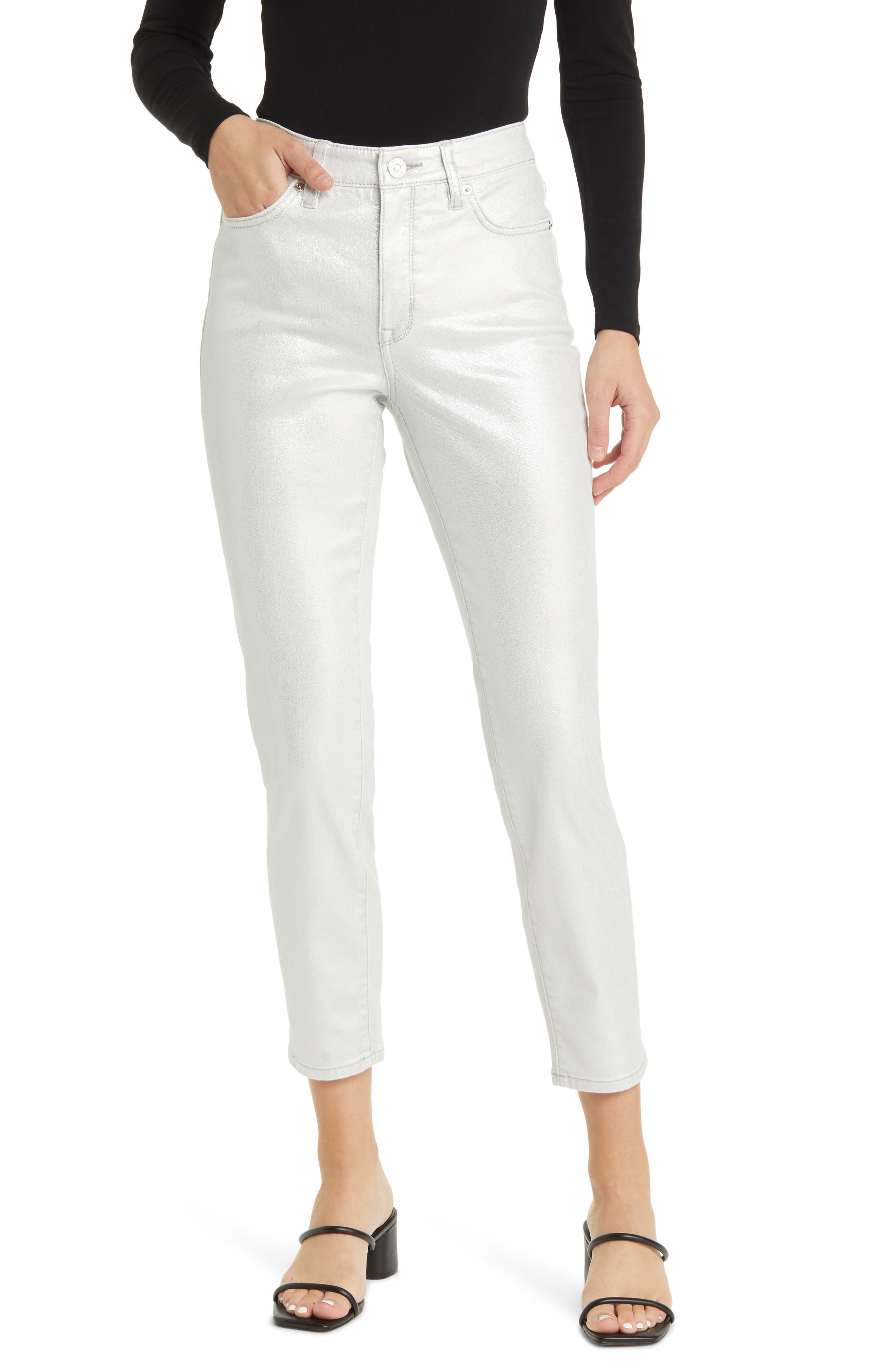 Tommy Bahama Metallic High Waist Ankle Skinny Jeans in White