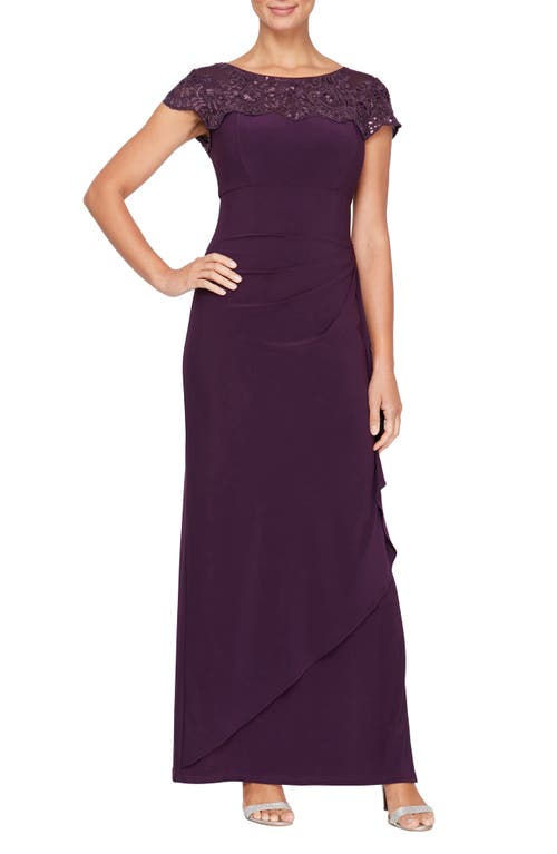 Alex Evenings Sequin Lace Cascade Ruffle Cap Sleeve Gown in Eggplant