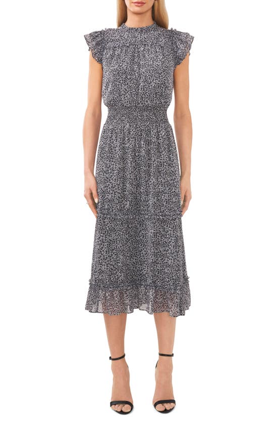Halogen Smocked Waist Tiered Ruffle Midi Dress In Rich Black/ Bright White