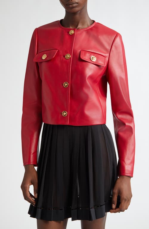 Shop Versace Pocket Detail Leather Crop Jacket In Lipstick Red