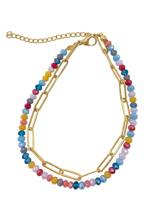14K Yellow Gold Plated Multicolor Beaded Paperclip Chain Layered Bracelet