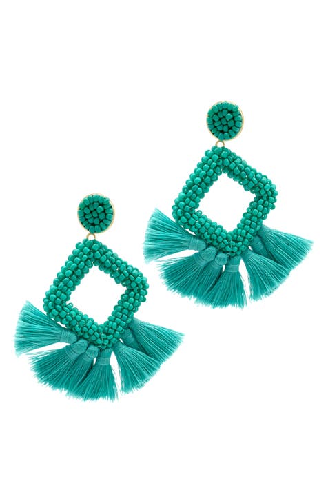 Beaded Square Fringe Drop Earrings