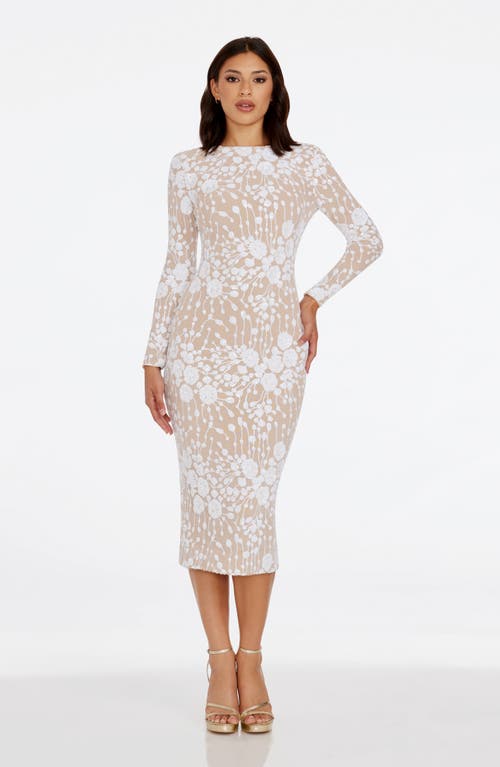 Shop Dress The Population Emery Sequin Long Sleeve Body-con Midi Dress In White/beige