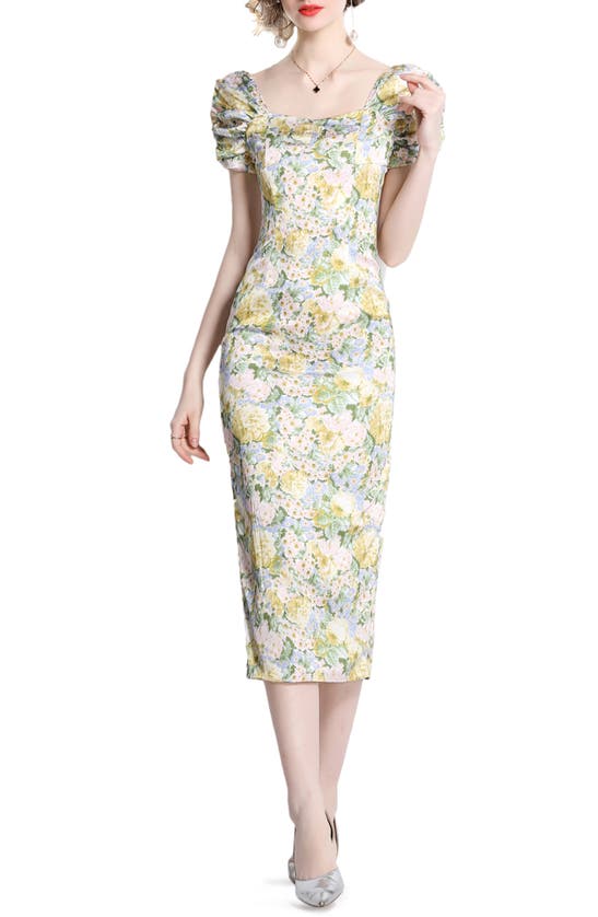 Kaimilan Floral Square Neck Body-con Dress In Light Blue Floral Print ...
