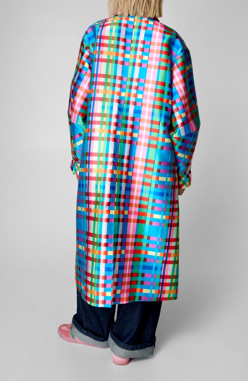 Shop Nasty Gal Check Longline Satin Coat In Blue Multi