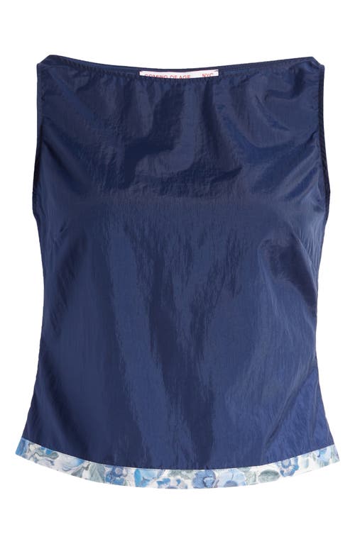 Coming Of Age X Liberty London Heidi Rose Print Trim Nylon Top In Navy/heidi Rose Blue