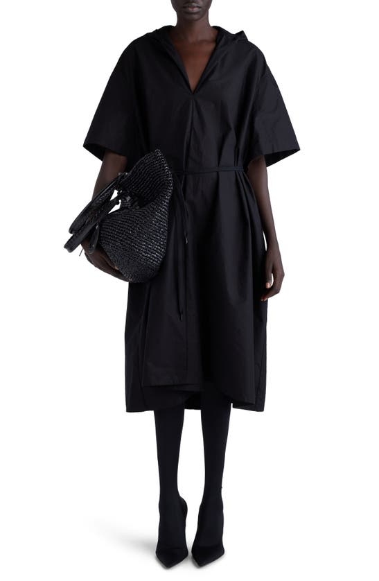 Balenciaga Hooded Cotton Poplin Midi Dress In Black