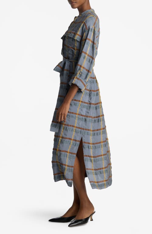 Shop St John St. John Collection Check Belted Seersucker Midi Shirtdress In Tahoe Slate/saddle Multi