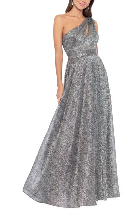 Metallic One-Shoulder Crinkle Gown