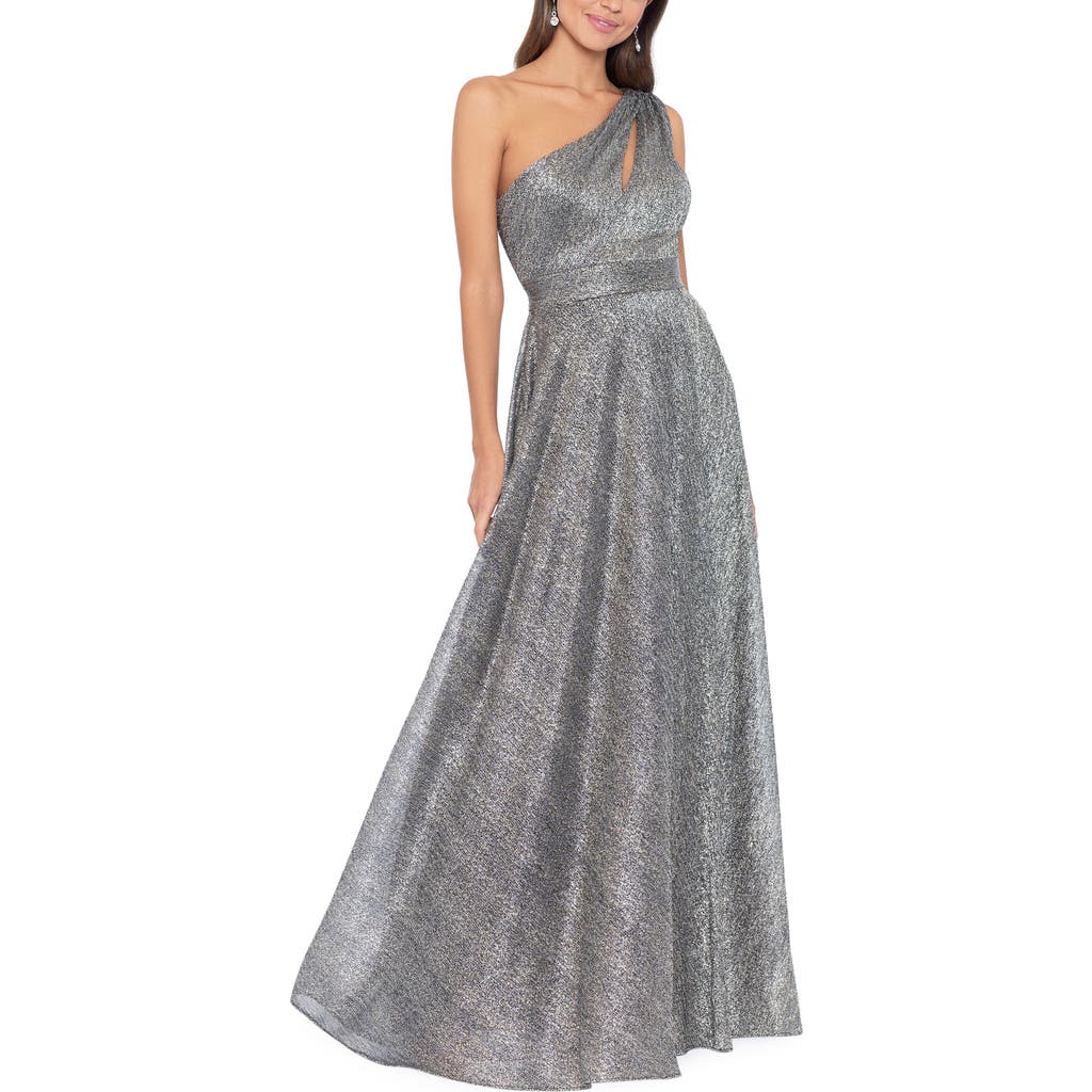 Betsy & Adam Metallic One-shoulder Crinkle Gown In Black/metallic