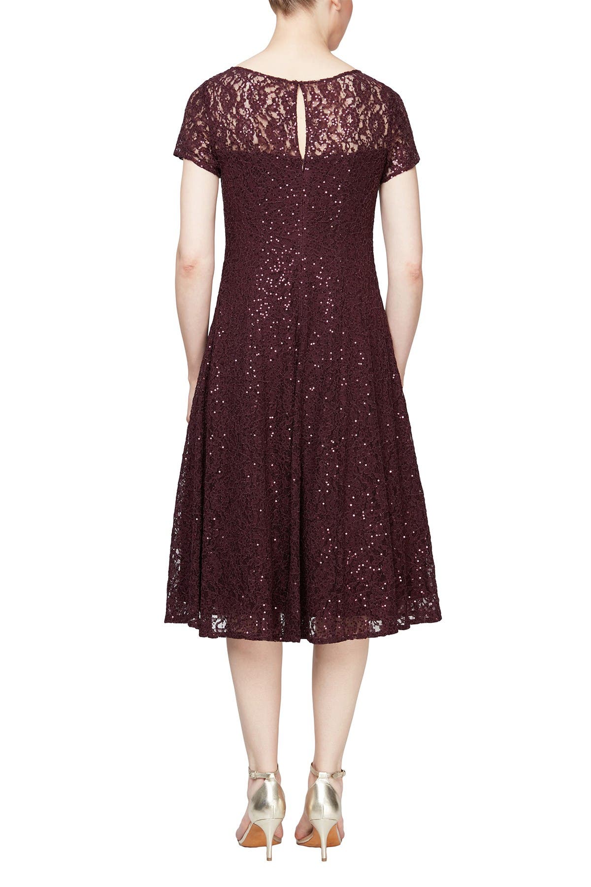 Sl Fashions Tea Length Sequin Lace Dress In Dark Purple7