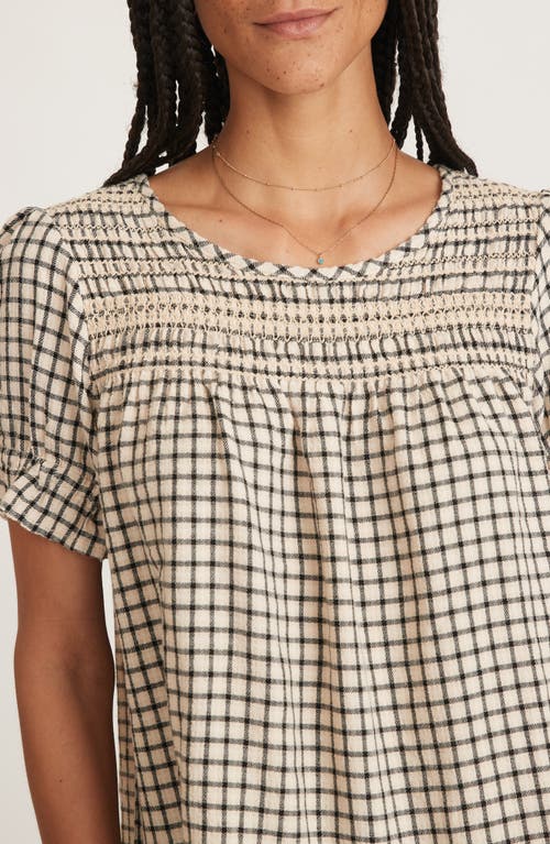 Marine Layer Elena Windowpane Plaid Smocked Yoke Top In Parchment/black Windowpane
