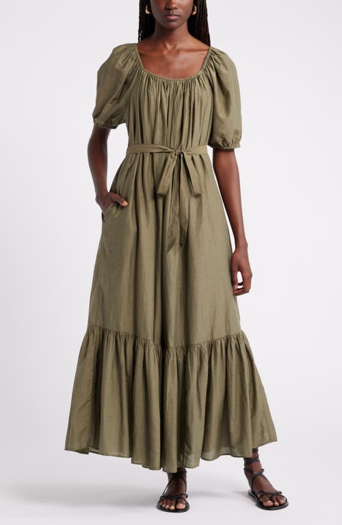 Shop Nordstrom Tiered Blouson Sleeve Cotton & Silk Maxi Dress In Olive Burnt