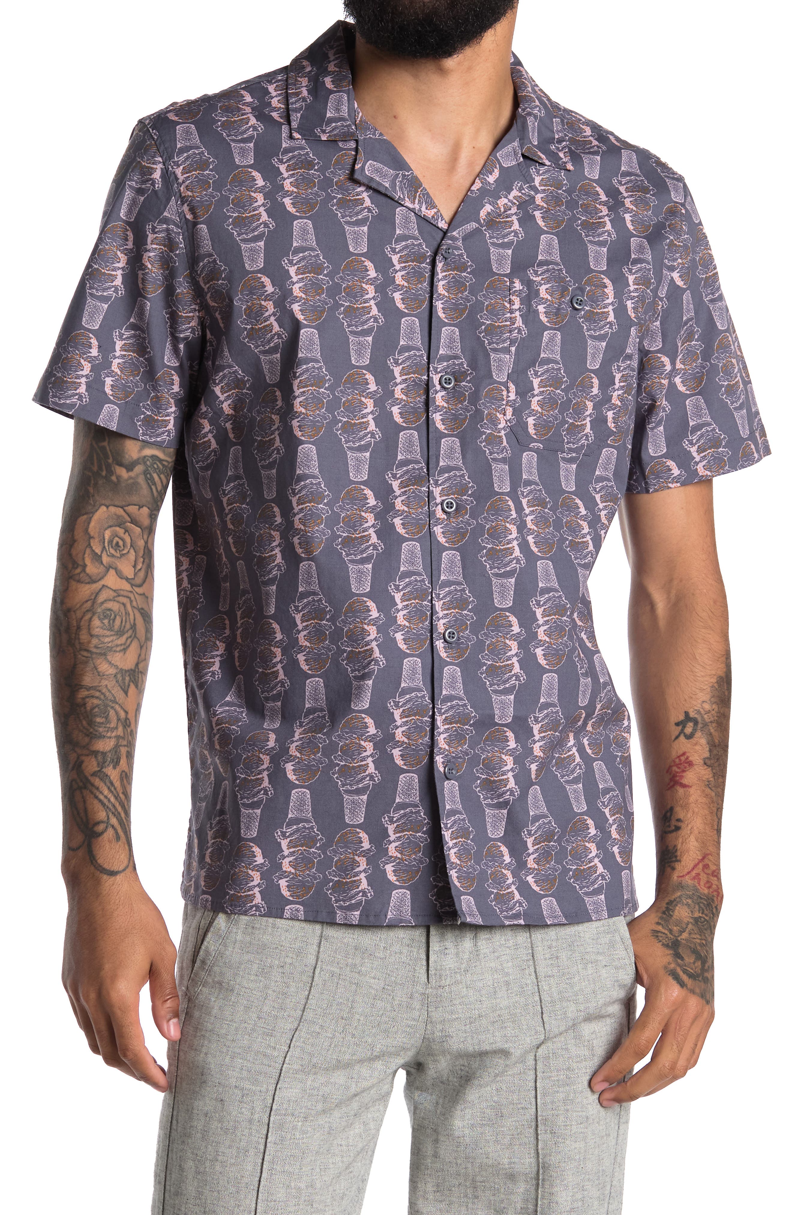Abound Printed Short Sleeve Regular Fit Camp Shirt In Grey Grisaille Ice Cream Prt