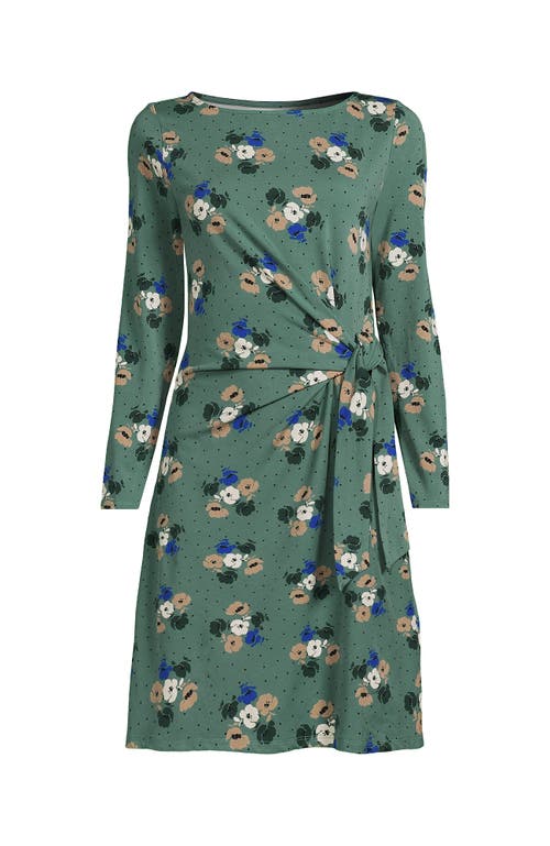 Shop Lands' End Long Sleeve Lightweight Cotton Modal Boatneck Tie Waist Dress In Evergreen Multi Dot Floral