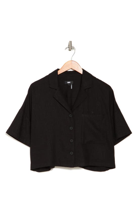 Shop Dkny Sport Linen Blend Crop Button-up Camp Shirt In Black