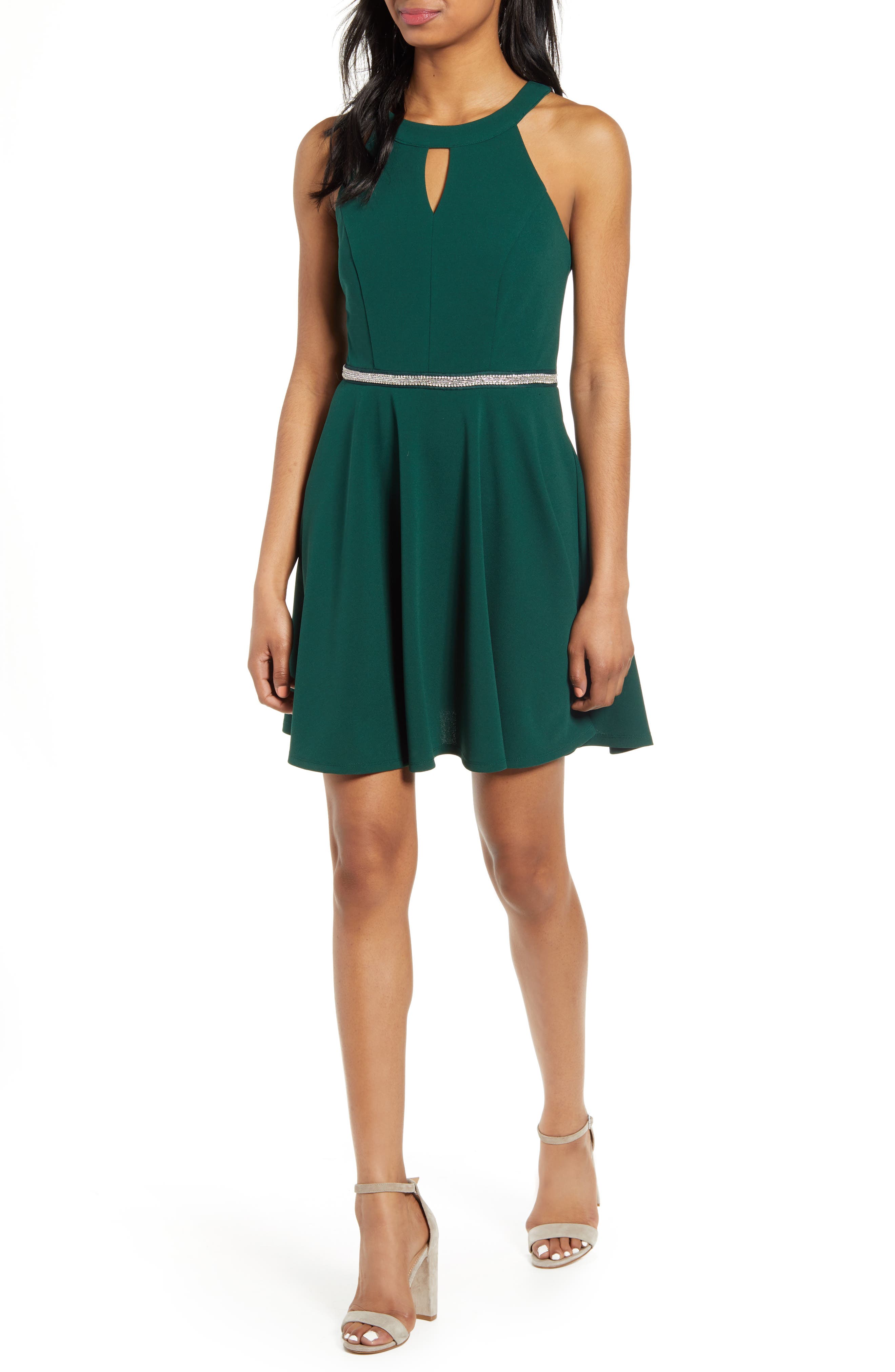 Love, Nickie Lew Keyhole Neck Crystal Trim Fit & Flare Dress, Green