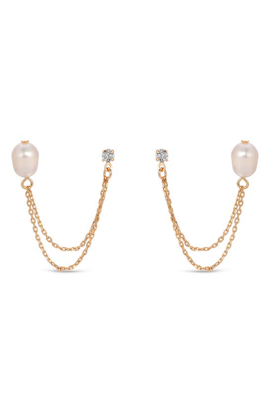 Ettika Double Post Pearl And Crystal Draped Chain Earrings In Gold