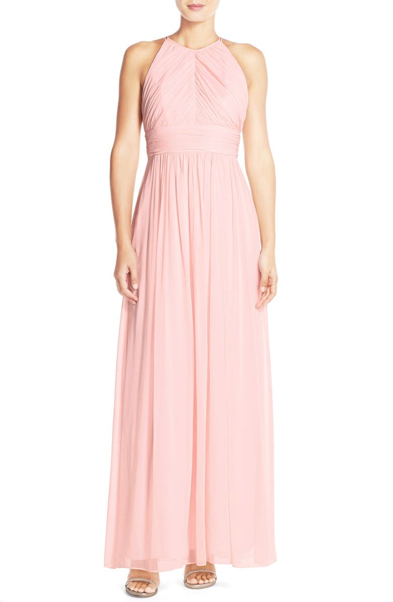 Dessy Collection Ruched Chiffon Open Back Halter Gown | Nordstrom