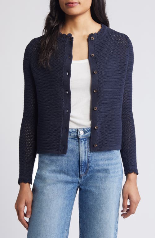 Scalloped Open Knit Cotton Cardigan in Navy