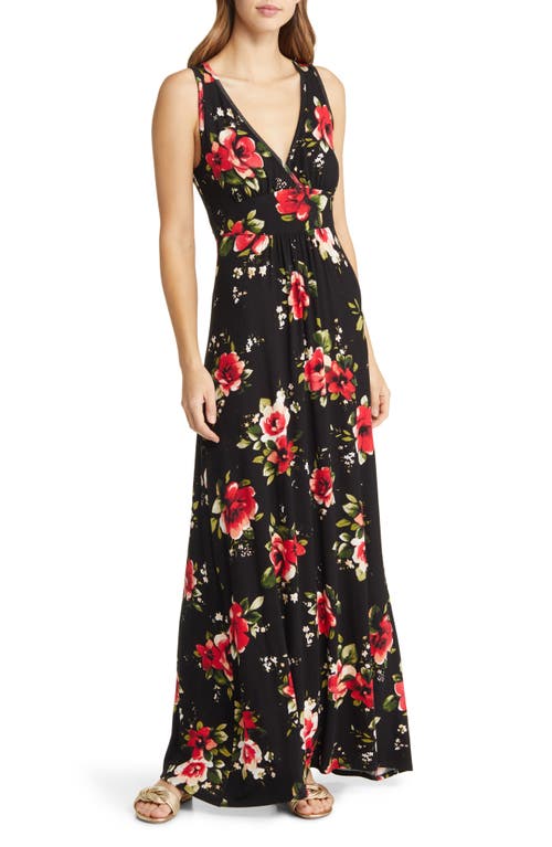Loveappella Floral Print Sleeveless Jersey Maxi Dress In Black