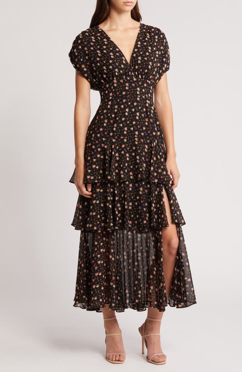 Shop Charles Henry Floral Print Tiered Chiffon Maxi Dress In Black Ditsy